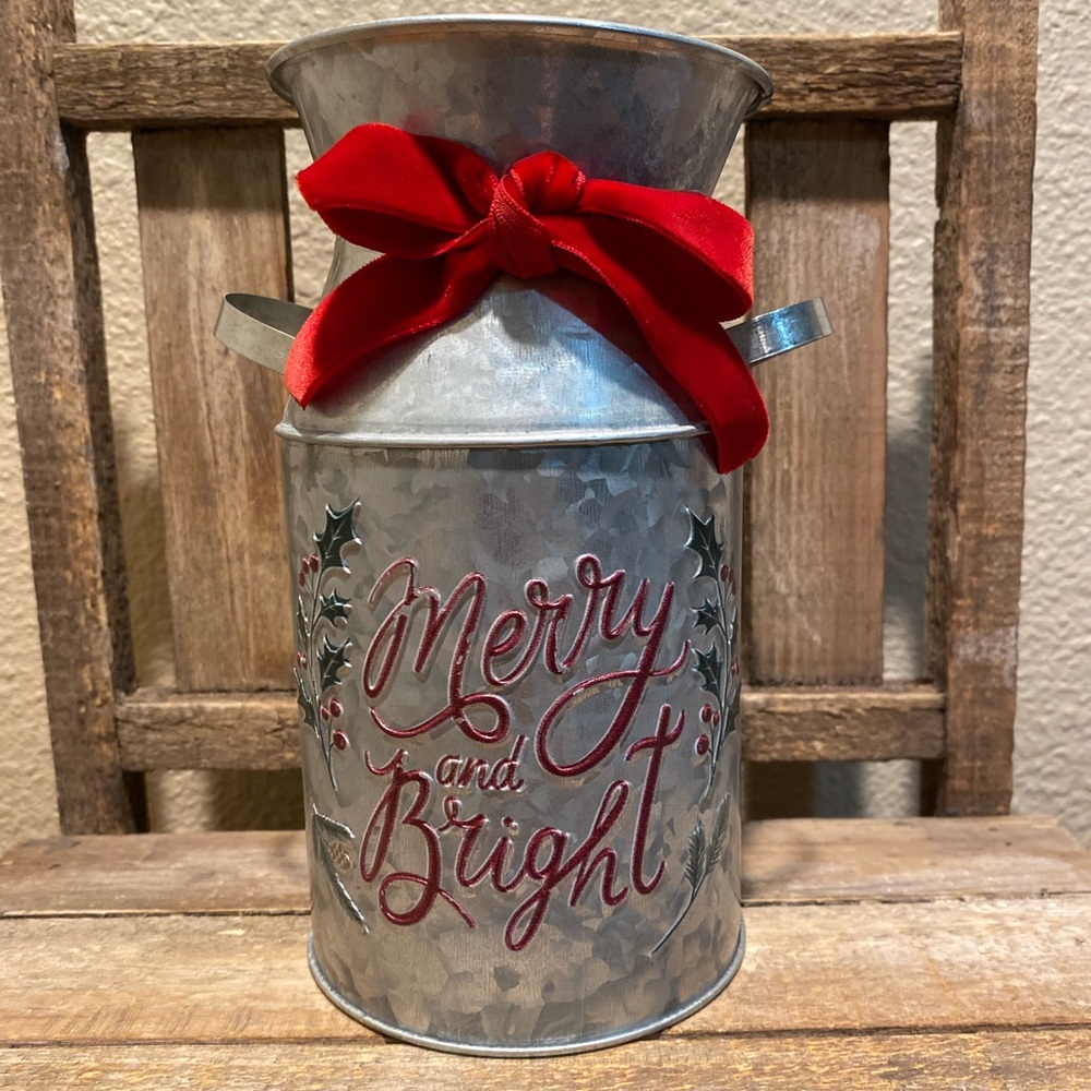 Farmhouse Christmas Metal Canister, Merry & Bright Metal Canister, Holiday Vase